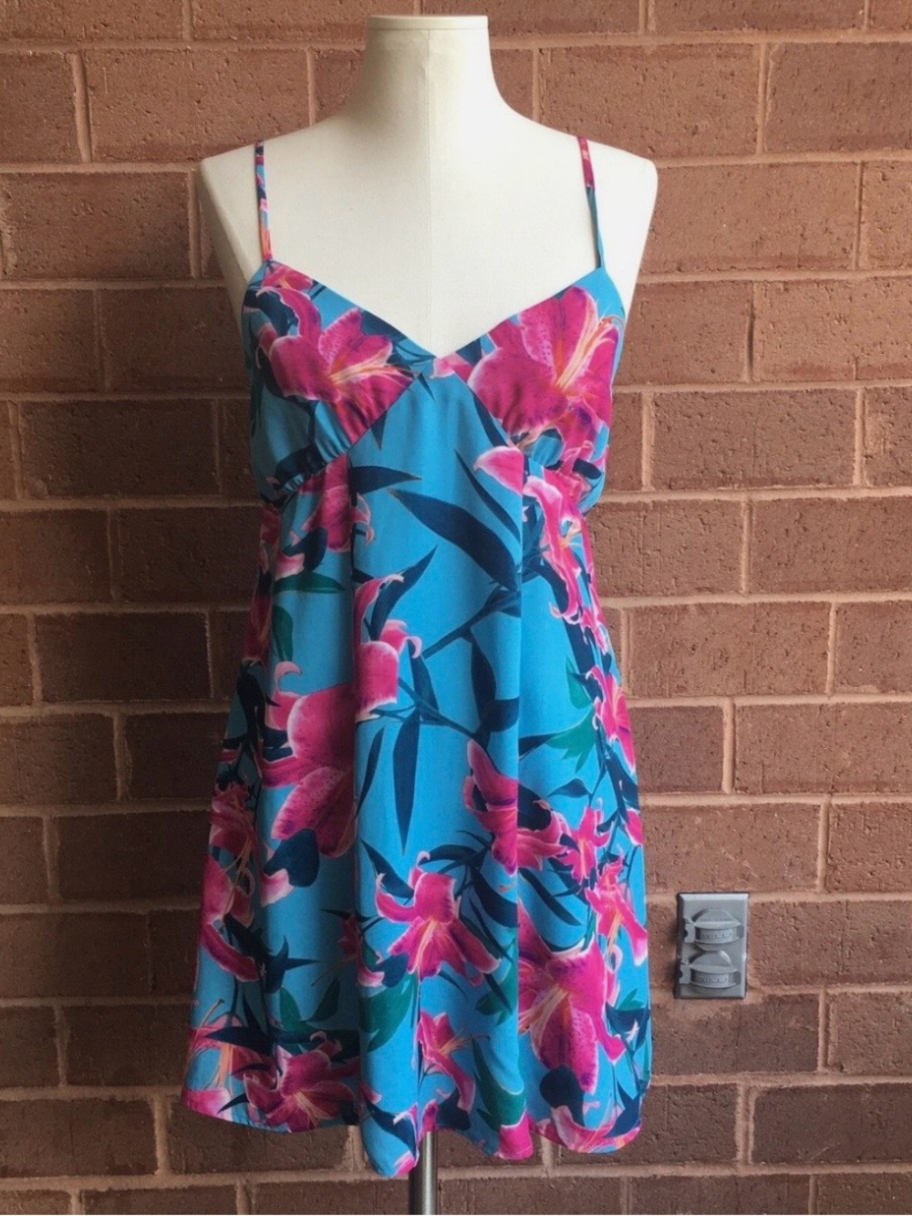 Show Me Your MuMu Light Blue Mini Dress with Hot Pink Floral Print